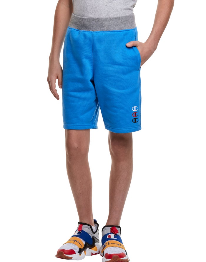 Champion Reverse Weave Fleece Triple Stacked Logos - Poikien Sininen Shortsit - Suomi 4610273-WQ